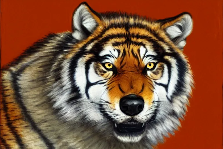 Image similar to wolf tiger hybrid animal, growling, fangs, portrait by tim eitel