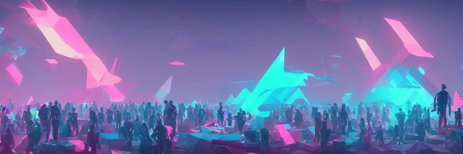 Prompt: volumetric photo of all the people of Llanet earth, unreal engine, retrowave color palette, 3d render, lowpoly, colorful, digital art