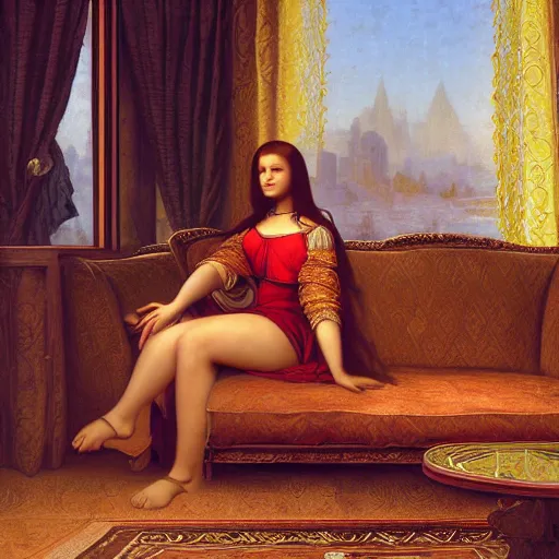 Image similar to Monalisa is sitting on her living room couch. She is dressed casually and is watching TV, Regal, Realistic, Refined, Detailed Digital Art, Josephine wall, Oil Painting, William-Adolphe Bouguereau, Art Frahm, Esao Andrews, Steampunk, Highly Detailed, Cinematic Lighting, Unreal Engine, 8k, HD