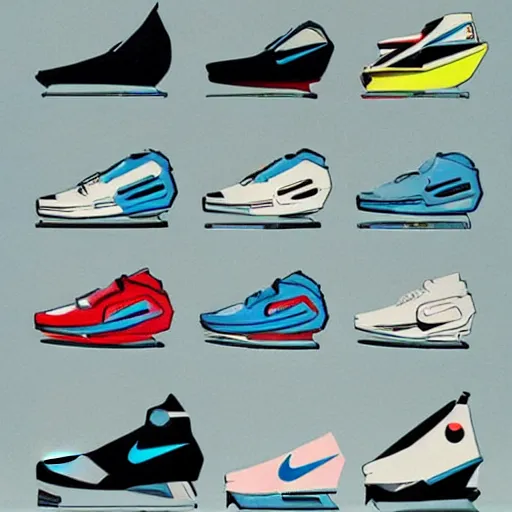 Image similar to retro futuristic Nike Air Mag sneakers by syd mead