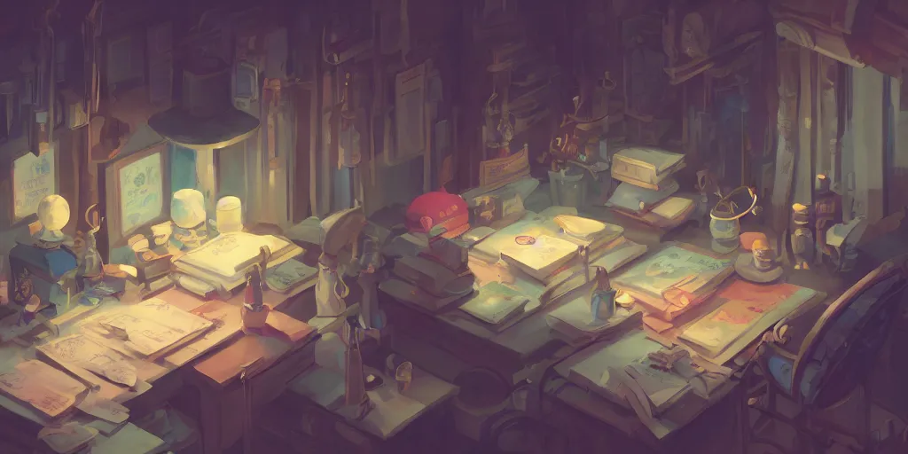 Image similar to magician's workshop, detailed, potions, scrolls, arcane books, cory loftis, james gilleard, atey ghailan, makoto shinkai, goro fujita, studio ghibli, rim light, exquisite lighting, clear focus, very coherent, plain background, soft painting