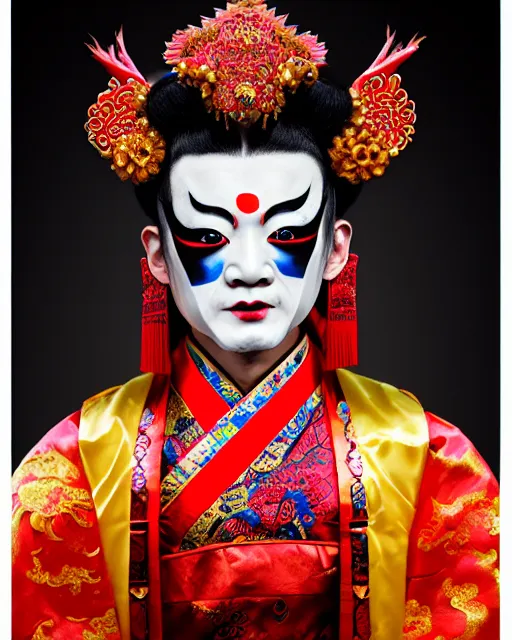 Image similar to photo of a Dramatic Peking Opera male character wearing elaborate makeup merged with kathakali makeup and full Chinese opera costume fused with Kathakali costume in the style of stefan kostic, realistic, sharp focus, symmetric, 8k high definition, insanely detailed, intricate, elegant, art by stanley lau and artgerm, William-Adolphe Bouguereau
