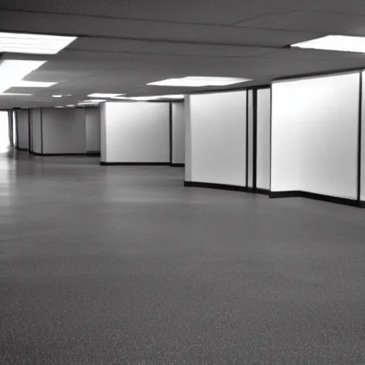 Image similar to photo of an empty 1 9 7 0 s office building, liminal space, grainy, compression artifacts