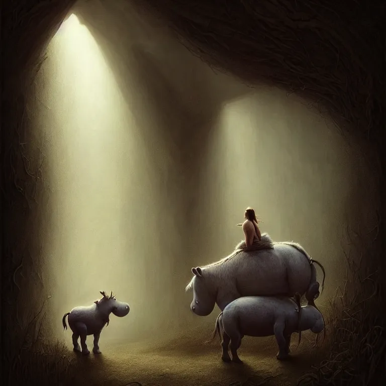 Prompt: epic professional digital art of hungry eeyore, atmospheric lighting, painted, intricate, detailed, by leesha hannigan, wayne haag, reyna rochin, ignacio fernandez rios, mark ryden, iris van herpen, best on artstation, best on cgsociety, epic, stunning, gorgeous, much wow, cinematic, masterpiece.