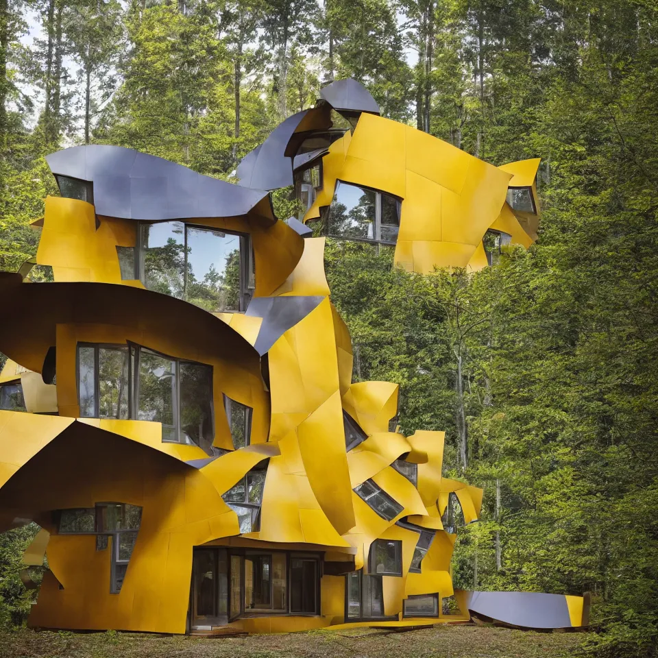 Image similar to architecture ad for a simple house in the forest, designed by Frank Gehry. Big Tiles. Film grain, cinematic, yellow hue