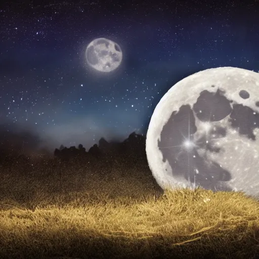 Prompt: a beautiful landscape at night big moon and stars in the sky matte painting dark blue tones concept art 4 k - w 8 9 6 - n 9 - i