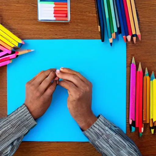 Prompt: man surrounded by colored pencils and papers