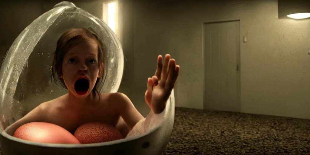 Image similar to a girl lay eggs from an alien para site inside her, realistic, still shot from movie, horror