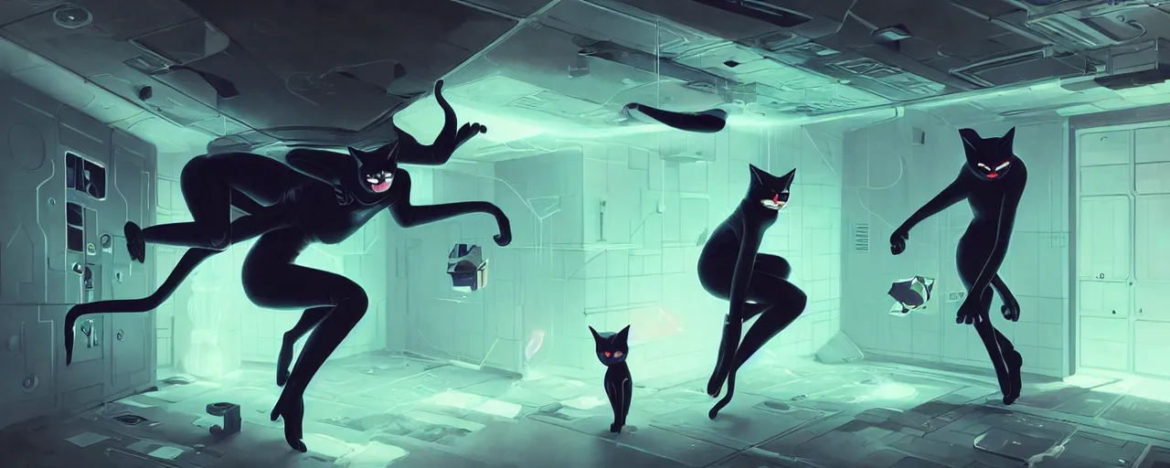 Image similar to duotone noir scifi concept illustration of black cat inside box zero gravity glowing 3 d mesh quantum portals, glowing eyes, octane render, surreal atmosphere, volumentric lighting. accidental renaissance. by sachin teng and sergey kolesov and ruan jia and heng z. graffiti art, scifi, fantasy, hyper detailed. trending on artstation