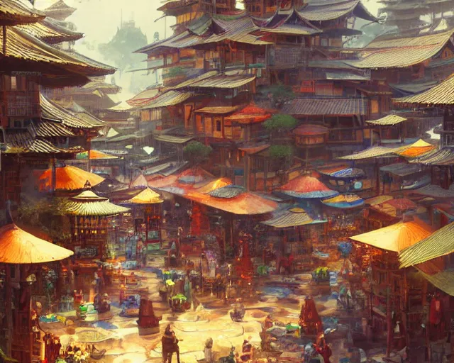 Prompt: colorful, bustling marketplace in a great kitsune city, bamboo, fountain, a fantasy digital painting by Greg Rutkowski and James Gurney, trending on Artstation, highly detailed