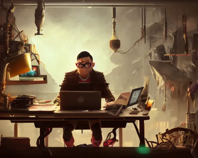 Image similar to an insanely detailed painting of a nerdy asian man wearing a superhero costume, sitting at a desk, staring at the nervously at the computer and typing, in the style of peter mohrbacher, dramatic lighting and composition, octane render, pixar, trending on artstation, concept art, comic book, view from behind