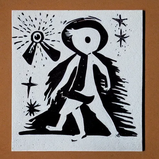 Image similar to linocut of a kid wearing a ghost costume