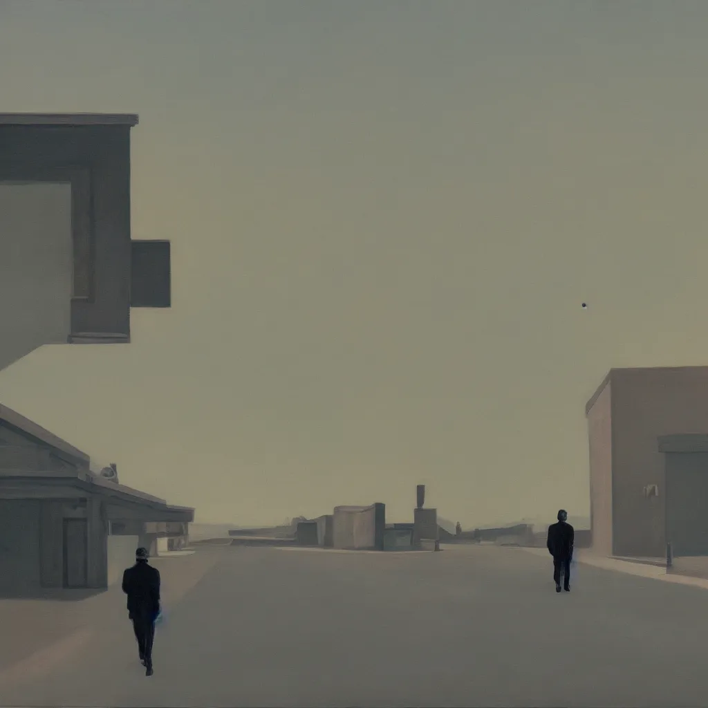 Image similar to a painting of a man walking down a lonely street on another planet and the sky is the universe, the head of the man is a skull, he is wearing a trenchcoat, in the style of edward hopper, 4 k,