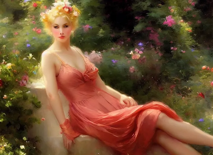 Image similar to blonde goddess in a summer dress by wlop and vladimir volegov and alexander averin and delphin enjolras and daniel f. gerhartz