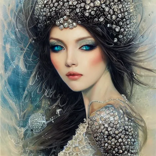 Image similar to a beautiful woman wearing a white dress made of silver with jewelry and diamonds by karol bak, ayami kojima, sakimichan, arabian beauty, blue eyes, smile, concept art, fantasy