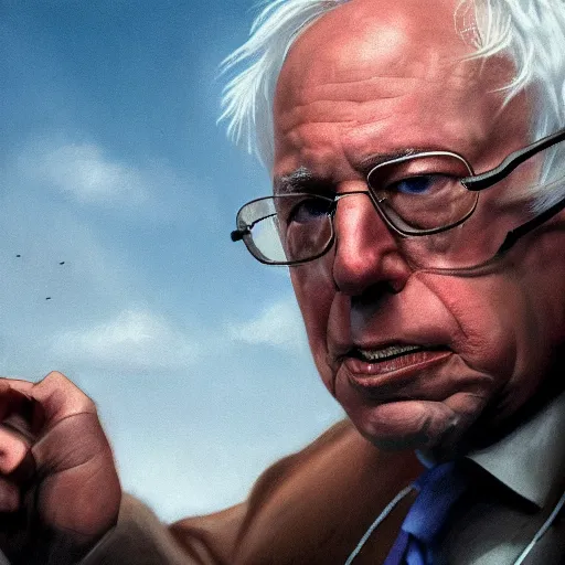 Prompt: Cinematic Imax depiction of Bernie Sanders as a rustic cyborg in the style of Jason Edmiston 3840 x 2160