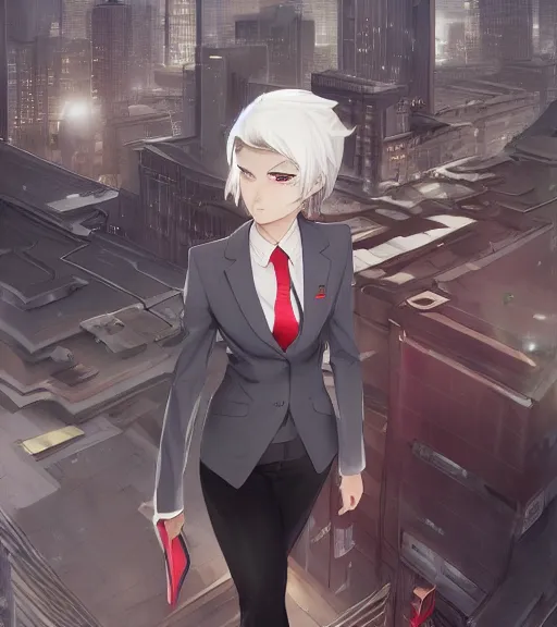 Prompt: a girl in a business suit, close up, sharp focus, red necktie, grey hair, serious expression, full body shot, pixiv, city background, digital painting, by tran ross and jordan grimmer and greg rutkowski, anime art, artstation, hd, smooth,