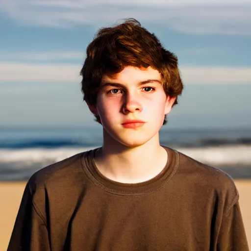 Image similar to Portrait of a sad looking teenage boy, around 20 yo, natural brown hair and smooth pale skin. Beach background. Award winning photograph.