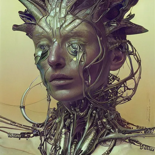 Prompt: space nomad by zdzisław beksinski, iris van herpen, raymond swanland and alphonse mucha. highly detailed, hyper - real, beautiful