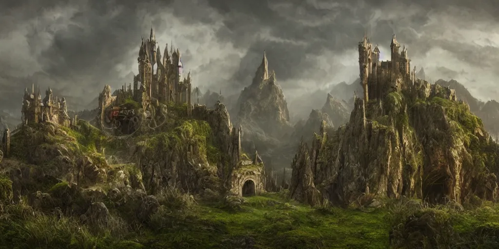 Image similar to matte painting, castle, dramatic landscape, overgrown, cinematic