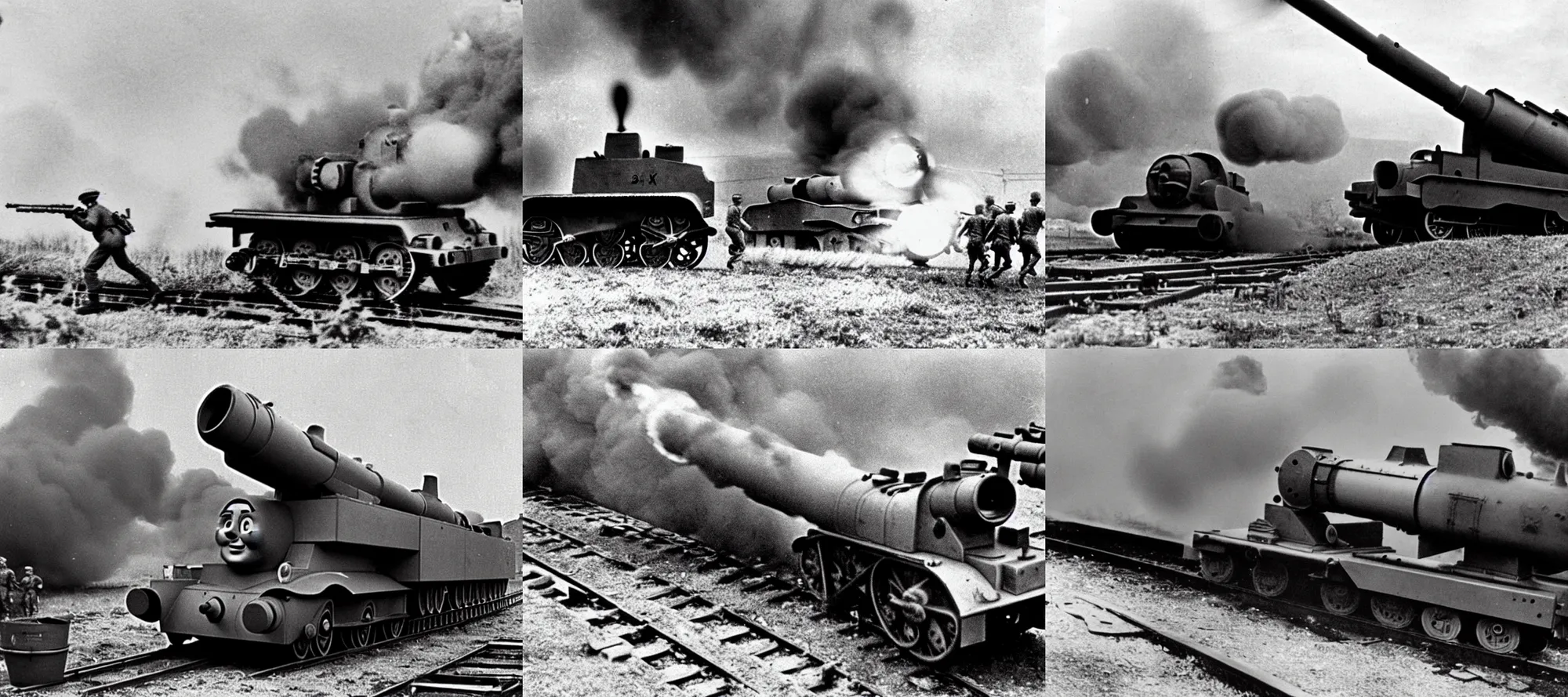 Image similar to WW2 era photograph, the face of Thomas the tank engine attached to a 800mm German super-heavy-mortar with a huge gun barrel firing a shot upwards, there are german soldiers running around, grainy, high detail