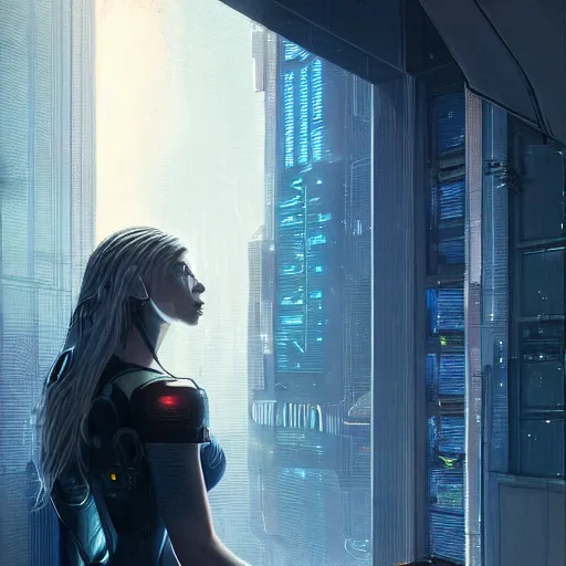 Image similar to portrait of cyberpunk woman looking out of a window, cyberpunk setting, futuristic, highly detailed, intricate lighting, digital painting, sharp focus, illustration, trending on artstation, art by greg rutkowski.