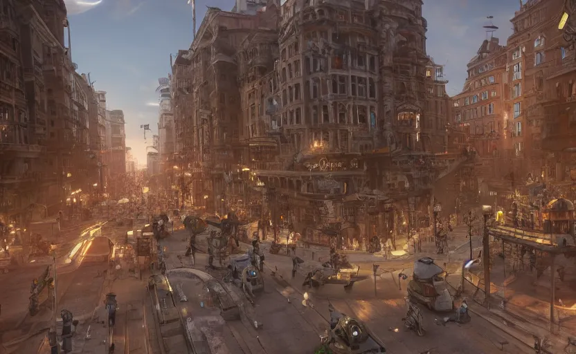 Image similar to professional photo of a steampunk city, utopia, pedestrians!, mechs roaming the streets, 3d render, Unreal Engine, octane render, ray tracing, Unity, highly detailed, high quality, HD, 4k, 8k, realistic, sharp, trending