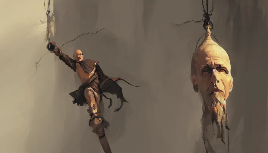 Image similar to concept art of a hanged monk by jama jurabaev, trending on artstation, high quality, brush stroke, for aaa game