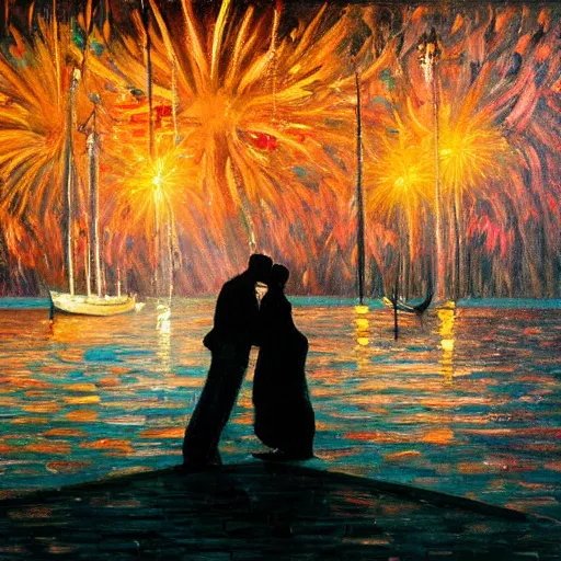 Image similar to an oil painting of couple kissing, in a background fireworks in venice