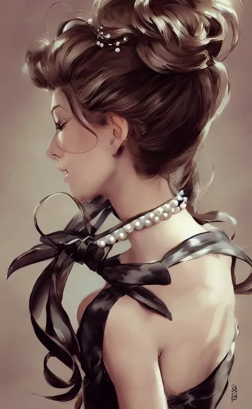 Image similar to beautiful hairstyle with a few pearls, tied with a white bow, pinterest hair picture, back of the hair, hair is the focus, In style of Yoji Shinkawa, krenz cushart, Greg Rutkowski, highly detailed