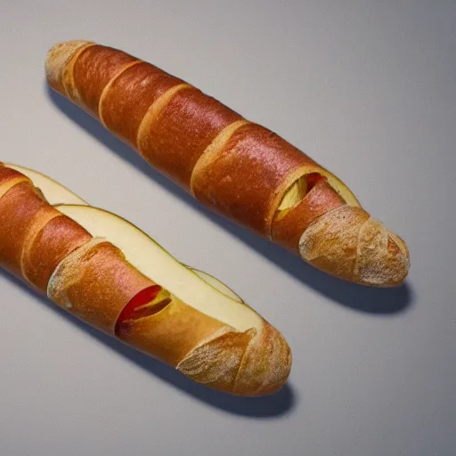 Image similar to a baguette between two apples stuck together, photo realistic 4k