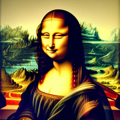 Image similar to an artist painting the mona lisa, oil painting