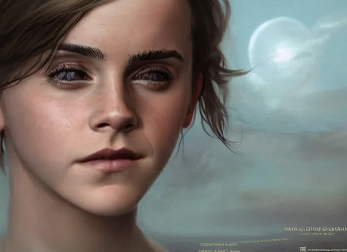 Prompt: emma watson the real god, watching the earth. epic cinematic hyperrealism masterpiece. realistic poster with shaded lighting by craig mallismo, artgerm, jeremy lipkin and michael garmash, unreal engine, radiant light, detailed and complex environment, octane photoreal 3 d render, art station trends