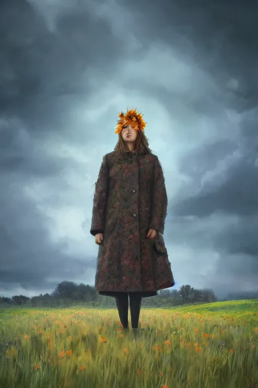 Prompt: portrait, enormous thistle flower head, a girl wearing coat in field, surreal photography, wind and cold, dramatic sky, impressionist painting, digital painting, artstation, simon stalenhag