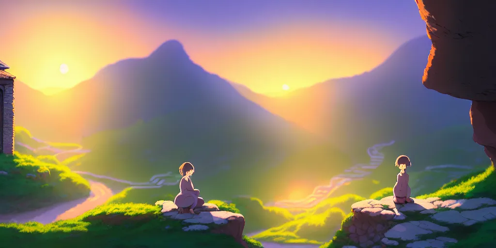 Image similar to the girl and the cat. beautiful sunrise. small village in the mountains. rocky roads. matte painting, anime, studio ghibli. intricate, elegant, super highly detailed, professional digital painting, artstation, concept art, smooth, Unreal Engine 5, Photorealism, HD quality, 8k resolution, cinema 4d, 3D, beautiful, cinematic