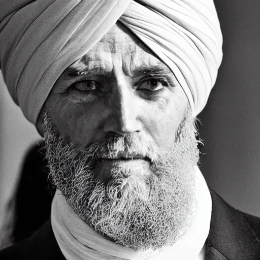 Prompt: a portrait of joe biden wearing a long beard and a turban joining the taliban, fine details, close up, 8 k photography, depth of field, bokeh. i