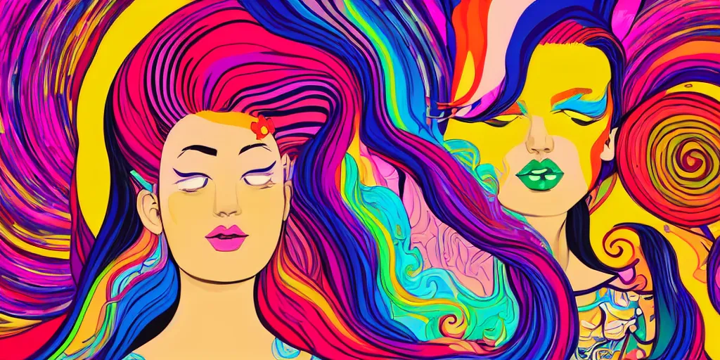 Image similar to a digital painting of a woman with colorful hair, a pop art painting by tomokazu matsuyama, behance contest winner, psychedelic art, psychedelic, 2 d, digital illustration