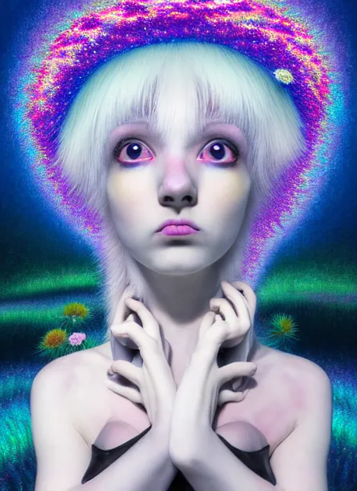 Image similar to hyper detailed 3d render like a Oil painting - kawaii portrait Aurora (white haired Singer Ferret) seen Eating of the Strangling network of yellowcake aerochrome and milky Fruit and Her delicate Hands hold of gossamer polyp blossoms bring iridescent fungal flowers whose spores black the foolish stars by Jacek Yerka, Mariusz Lewandowski, Houdini algorithmic generative render, Abstract brush strokes, Masterpiece, Edward Hopper and James Gilleard, Zdzislaw Beksinski, Mark Ryden, Wolfgang Lettl, hints of Yayoi Kasuma, octane render, 8k