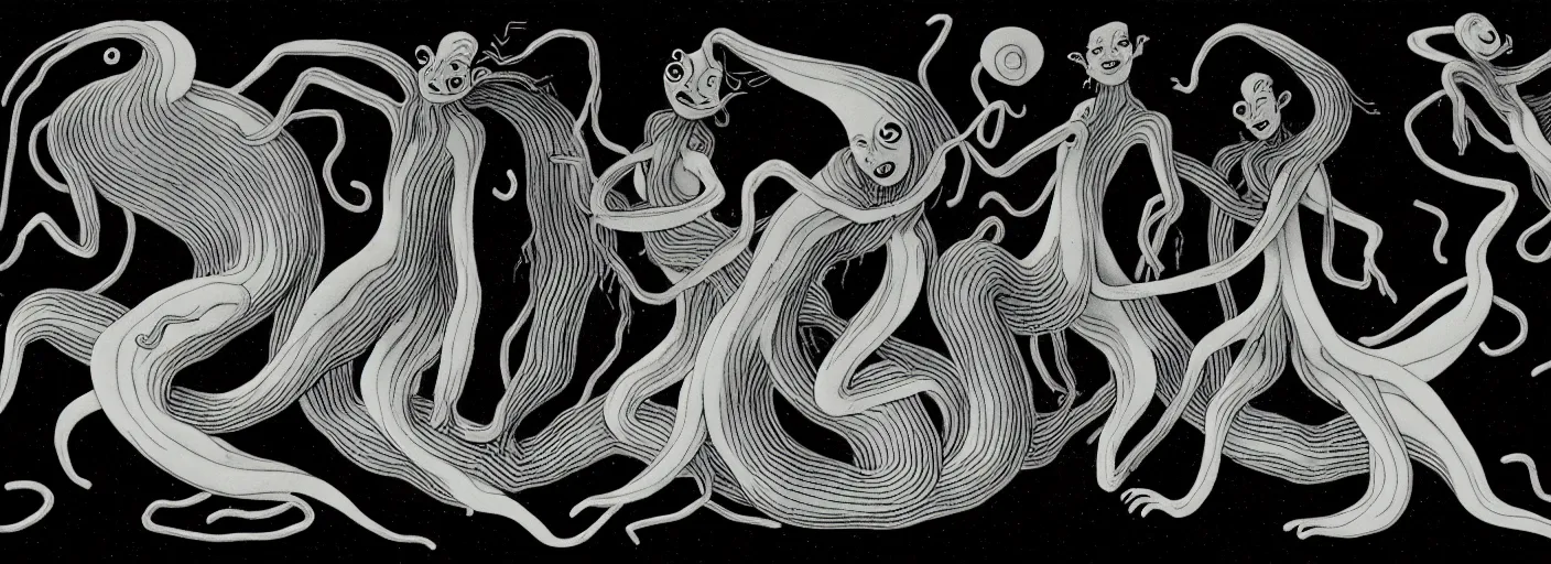 Image similar to whimsical uncanny creatures with flagella shaped like yin yangs from the depths of the collective unconscious, dramatic lighting, surreal dark 3 0 s cartoons