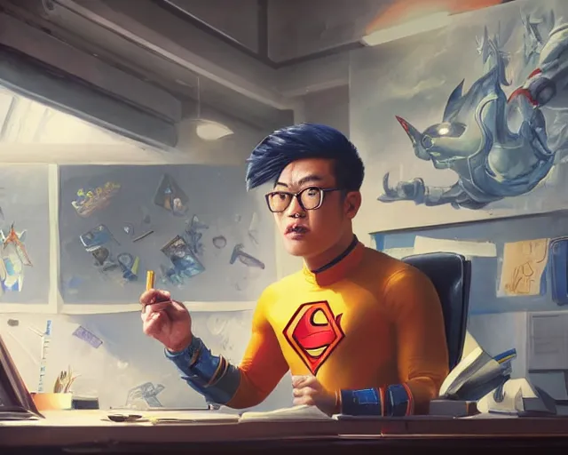 Image similar to an insanely detailed painting of a nerdy asian man wearing a superhero costume, sitting at a desk, staring at the nervously at the computer and typing, in the style of peter mohrbacher, dramatic lighting and composition, octane render, pixar, trending on artstation, concept art, comic book, view from behind