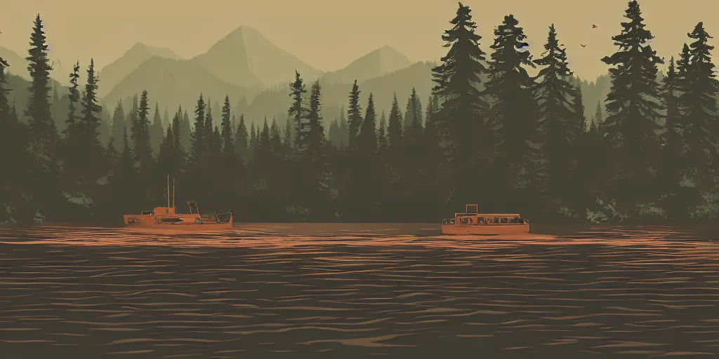 Prompt: An illustration in the style of Firewatch featuring a river surrounded by forest and fields. A boat is slowly moving through the water