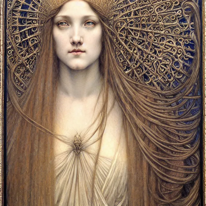 Image similar to detailed realistic beautiful young medieval queen face portrait by jean delville, gustave dore and marco mazzoni, art nouveau, symbolist, visionary, gothic, pre - raphaelite. horizontal symmetry