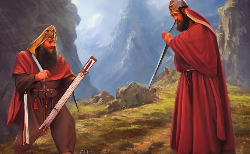 Image similar to christian orthodox paladin sharpening a yatagan, canyon background, fantasy art