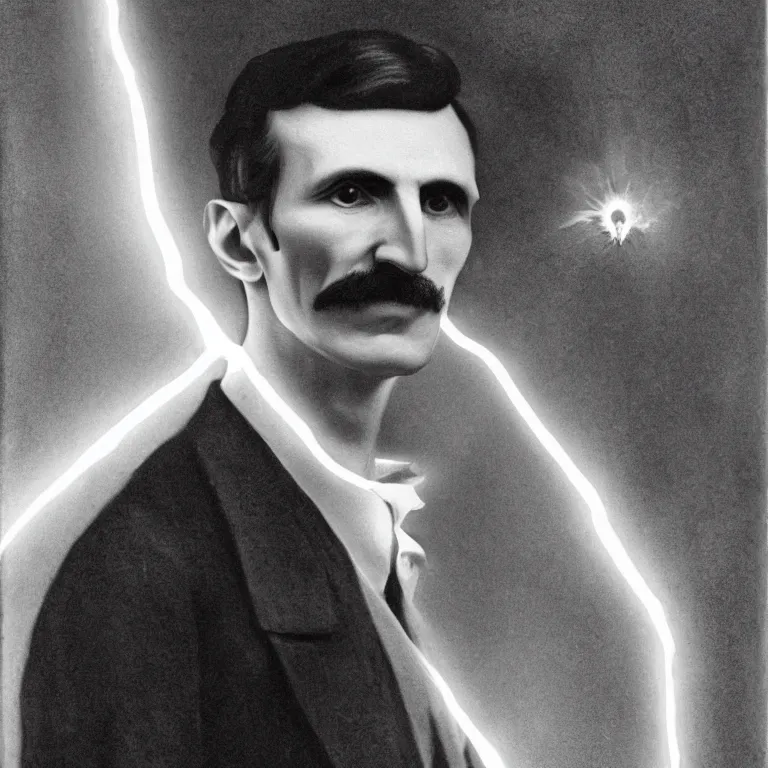 Image similar to Portrait of Nikola Tesla near the giant coil with lightings, photorealistic