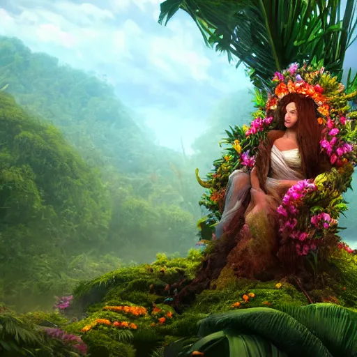 Image similar to Mother Nature with a crown made of flowers towering over a tropical island, Dramatic Lighting, Trending on Artstation HQ, 4K, UHD.