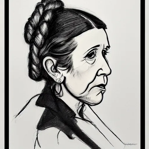 Image similar to a realistic yet scraggly portrait sketch of the side profile of a stern and sophisticated carrie fisher, trending on artstation, intricate details, in the style of frank auerbach, in the style of sergio aragones, in the style of martin ansin, in the style of david aja, in the style of mattias adolfsson