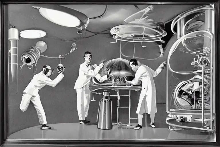 Prompt: 5 0 s pulp illustration of scientists in white lab coats on spacecraft observing extra terrestrial creature in glass container, art by earle bergey, allen anderson, basil gogos