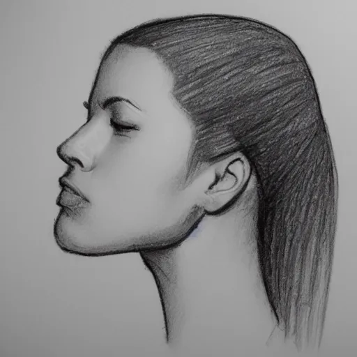 Image similar to drawing of a beautiful young woman that is about to bite into a banana, pencil sketch, profile, side view, close camera