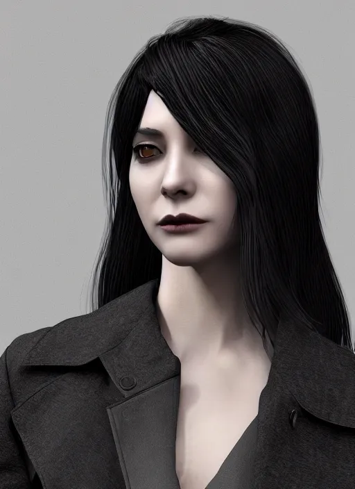 Image similar to black haired vampire woman in a trench coat, face enhance, realistic, ultra detailed, octane render, lovecraftian