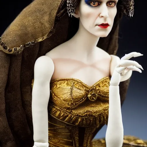 Image similar to photo taken of an epic intricate, ultra detailed, super realistic stop motion puppet of a majestic gracious regal aristocratic brunette female vampire and gothic filmset created by weta workshop, menacing, wide angle, full body shots, photorealistic, sharp focus, white wall, extremely cold blueish colour temperature, 3 5 mm, f 1. 4, golden ratio